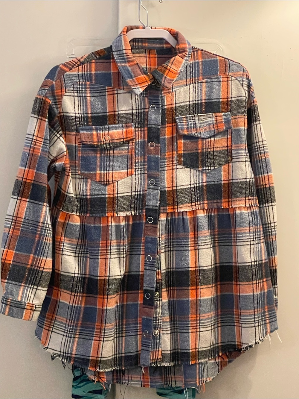 Women's Orange & Blue Plaid Button-Front Shacket